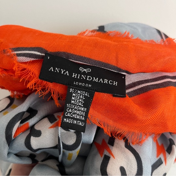 HUGE, soft Anya Hindmarch Cloudy Day Lightning Bolt Scarf with orange fringe